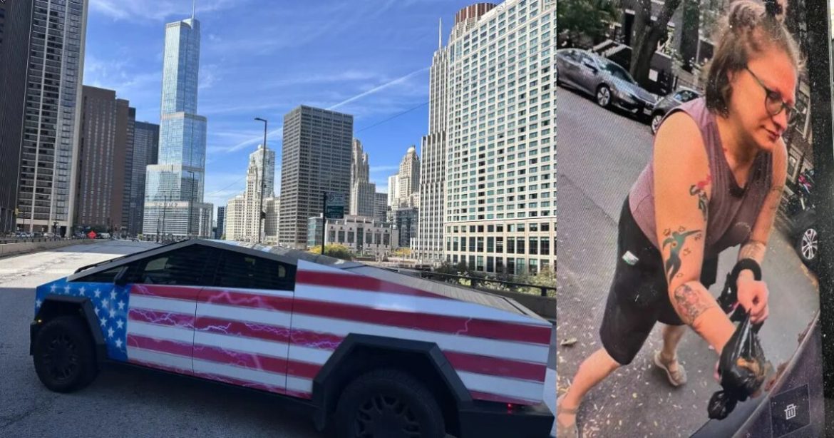 WATCH: Vile Woman Caught on Camera Smearing Dog Feces on Patriotic Trump-Themed Cybertruck in Chicago
